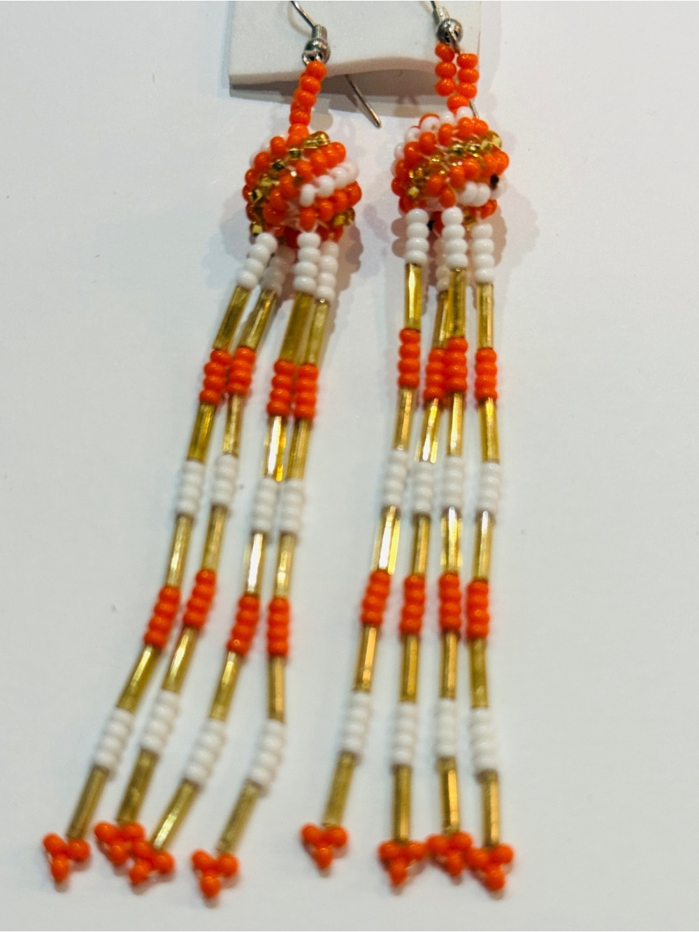 Handmade Orange, White & Gold Beaded Fringe Earrings
